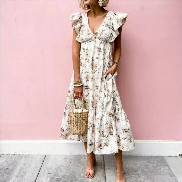 Abercrombie & Fitch Dresses & Skirts - Abercrombie Fitch Women Dress Beige Flutter Sleeve Tiered Midi Floral Boho Small